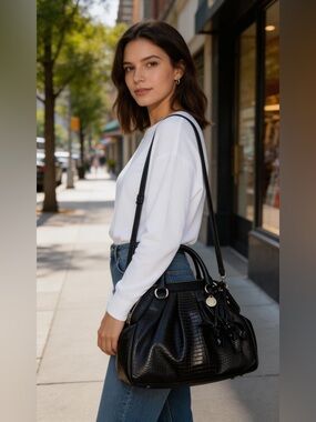 RARE Brahmin Black Brown Melbourne Sara Rose Tri Texture Handbag Crossbody Strap